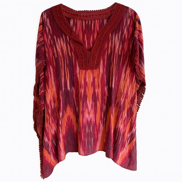 New Calypso St Barth Tunic Top Boho Resort Cruise Coverup Red Orange Ikat M - Picture 1 of 6